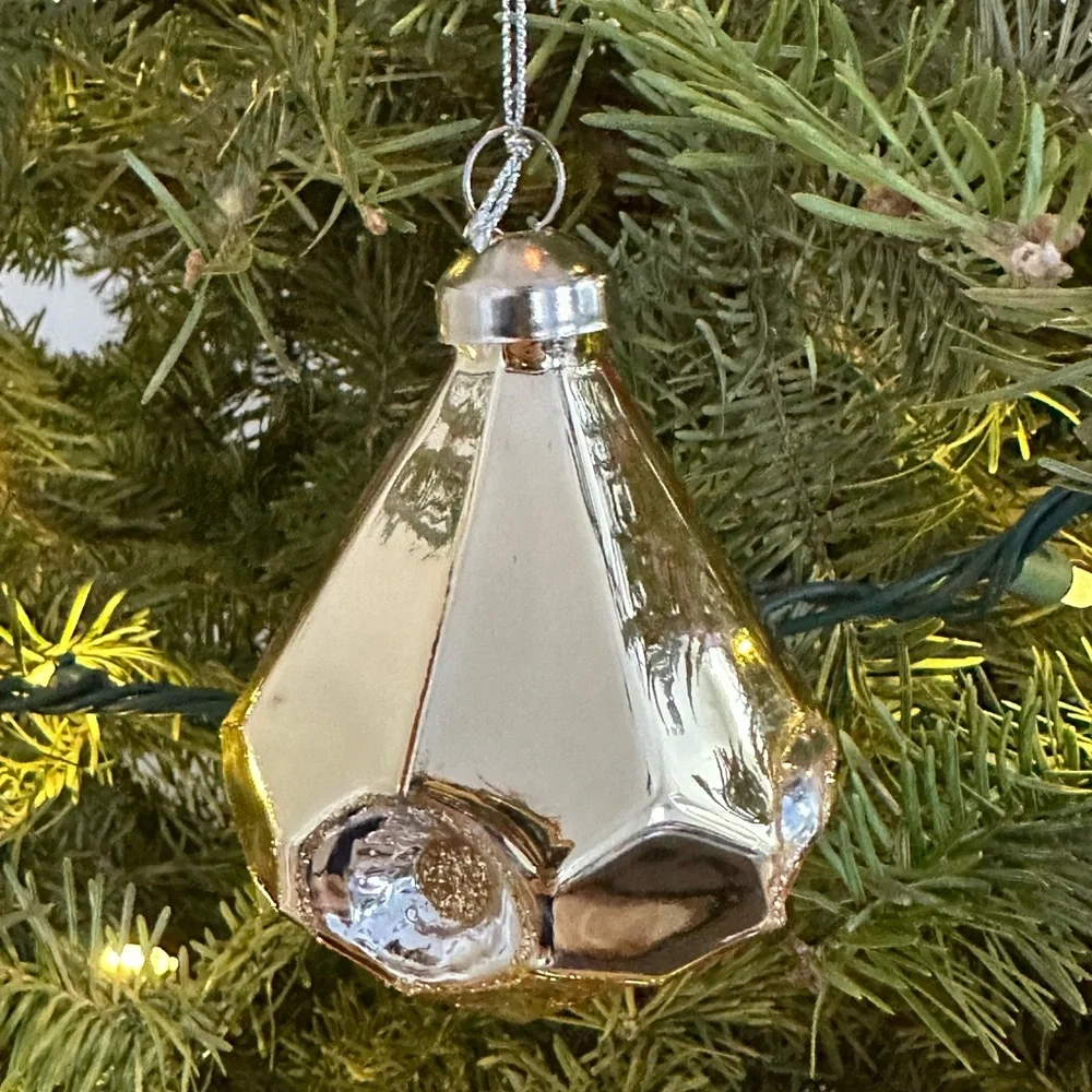 {Crate & Barrel} Gemstone Shaped Mercury Gold Glass Ornament approx 5'